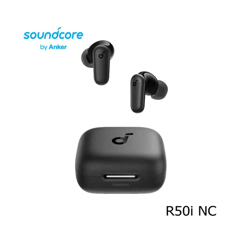هندزفری بلوتوثی انکر Soundcore R50i NC مشکی با ANC - نمای محصول و کیس مشکی